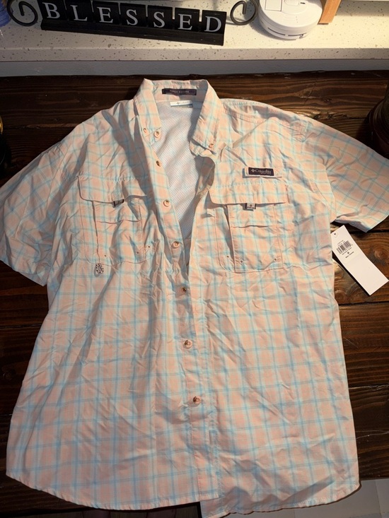 Columbia Other - Columbia Men’s Short-Sleeve Plaid Shirt - Light Blue & Peach